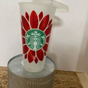 Starbucks cold cup with red glitter flower